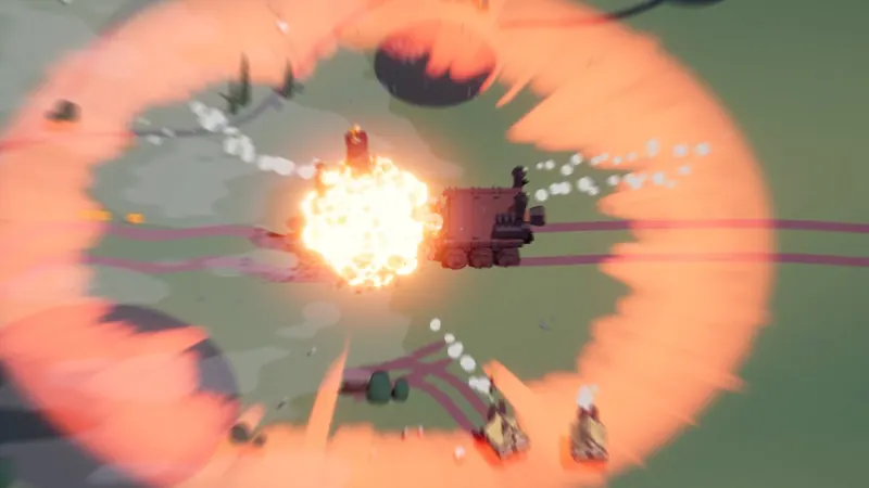 A boss fortress exploding in a huge fireball that knocks back nearby enemies