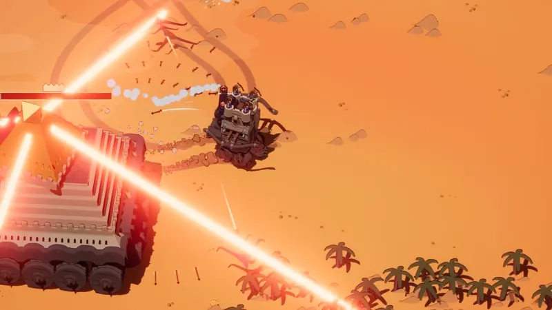 A boss fortress firing laser beams across the desert at the player castle