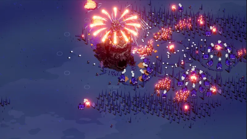 A castle at night surrounded by a swarm of enemies and explosions