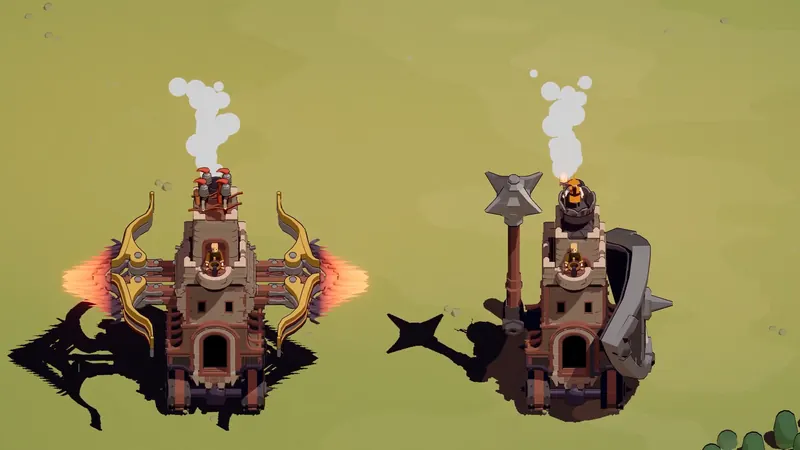 Two upgraded castles side by side, each with a captain and crew on the battlements