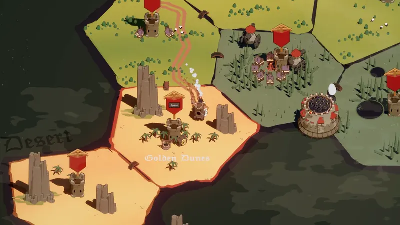 The world map with the Grassland, Desert and Dark Forest regions and the Golden Dunes map